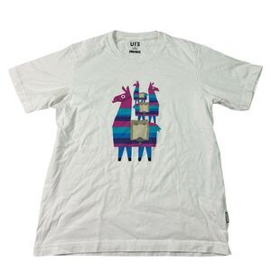 Uniqlo Shirt Mens Sz M Graphic Tee S/S Shirt Loot llama White Pink Fortnite
